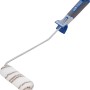 LUX Lasurroller 12cm mit braun-grün gestreifter Nylonwalze und blau-grauem Griff.