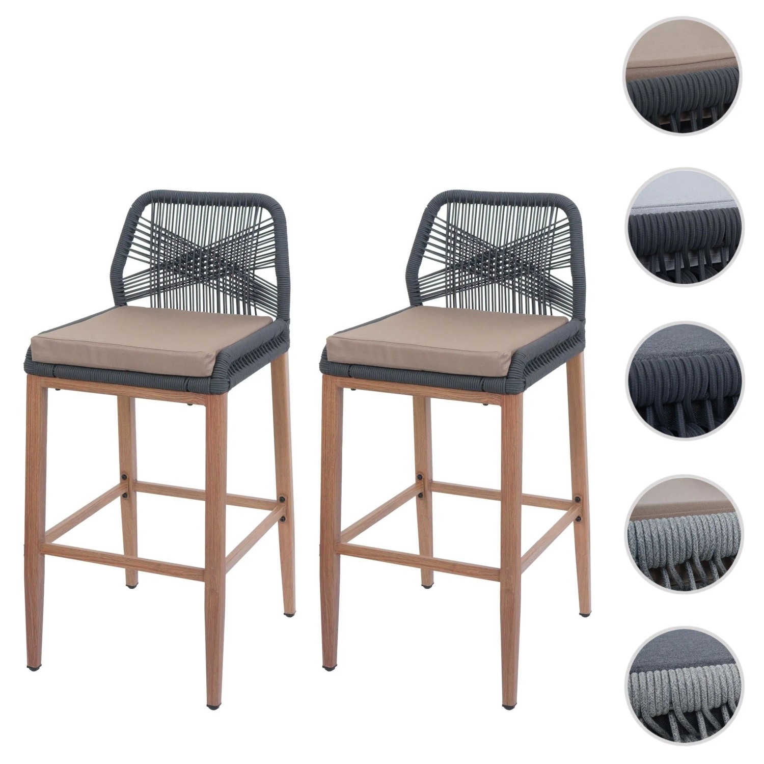 2er-Set Rope-Barhocker Anthrazit mit hellgrauen Kissen, Holz-Optik Beinen und Fußstütze. Modernes Design.