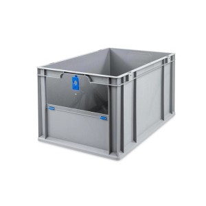 Graue Eurobox NextGen mit Entnahmeöffnung und blauem Verschluss, 65 Liter. Ideal zur Aufbewahrung und Transport.