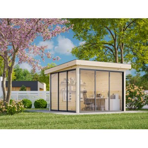 Palmako Pavillon Lenna Set, 300x300 cm, weiß lackiert, mit Schiebetüren und ESG Verglasung.