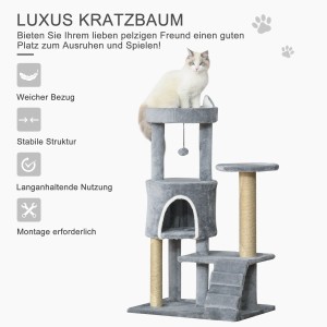Grauer PawHut Kratzbaum mit Höhle, Leiter und Katze auf der obersten Plattform.
