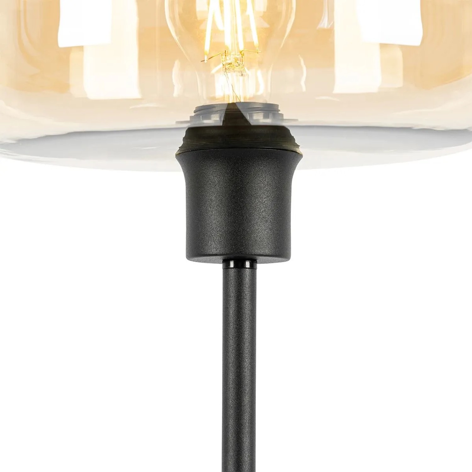 Detailaufnahme: Art Deco Stehlampe Bizle, schwarz mit braunem Glas.
