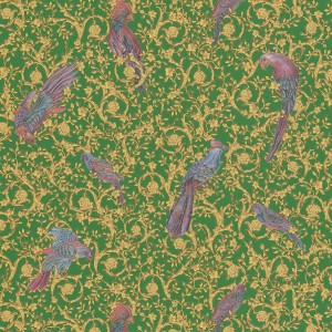 PROFHOME Luxus Tapete mit Vogelmuster in Gold, Grün und Violett.