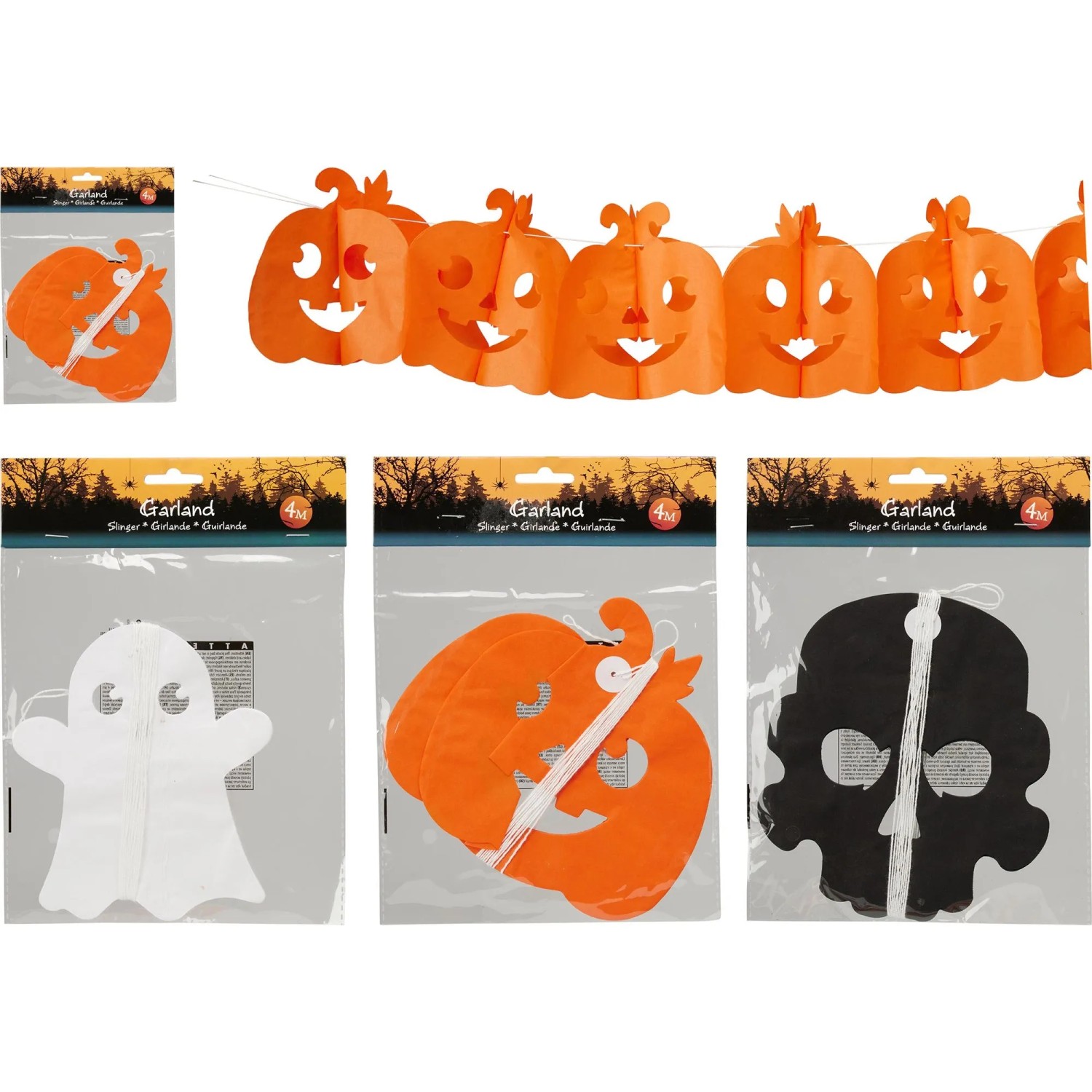 Halloween Girlande aus Papier, 400 cm, mit Kürbis, Geist und Totenkopf Motiven. Ideal für Party Dekoration.