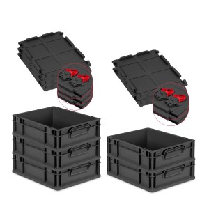 PROREGAL SuperSparSet: 5 schwarze Euroboxen 11L mit Deckel und roten Verschlüssen, gestapelt.