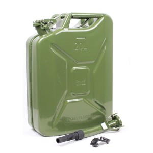 Olivgrüner 20L Metall Benzinkanister/Dieselkanister mit Ausgießer und Halterung für Pannenhilfe.