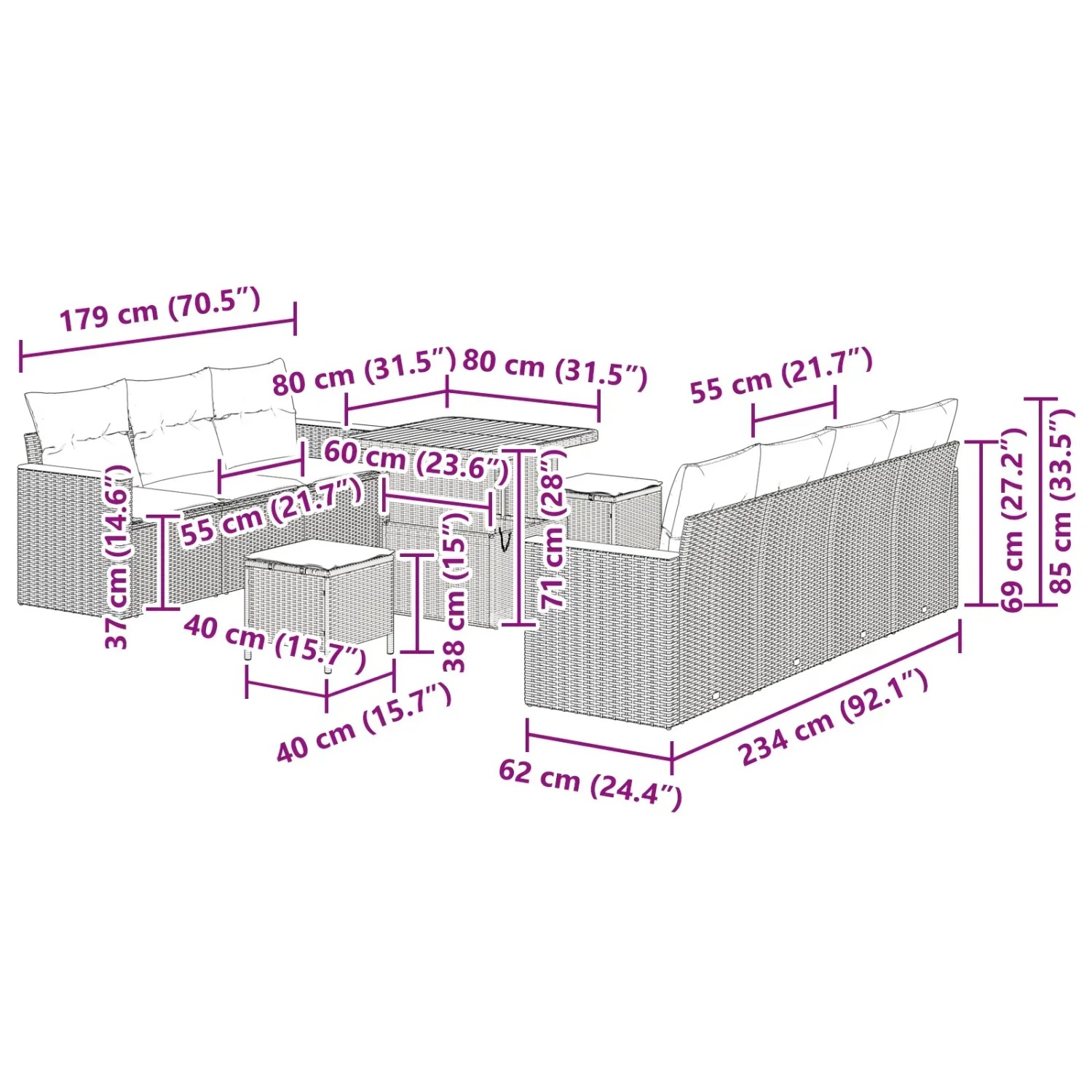 Graues 10-tlg. vidaXL Garten-Sofa-Set aus Polyrattan mit Tisch und Kissen.