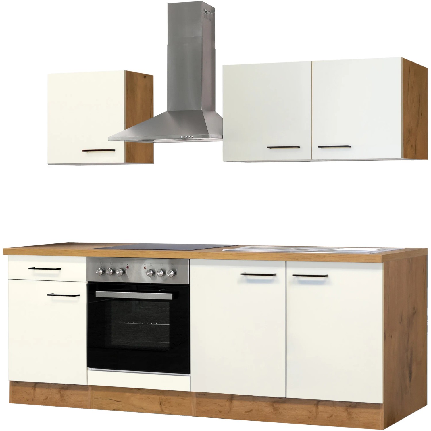 Flex-Well Küchenzeile Vintea 210 cm in Magnolia/Lancelot Oak mit E-Geräten und Spüle.