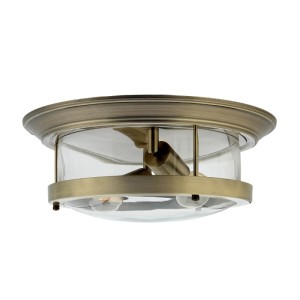 Runde EASYLIGHT Deckenlampe, Ø 40cm, Messing antik, mit Glas und 2x E27 Fassungen.