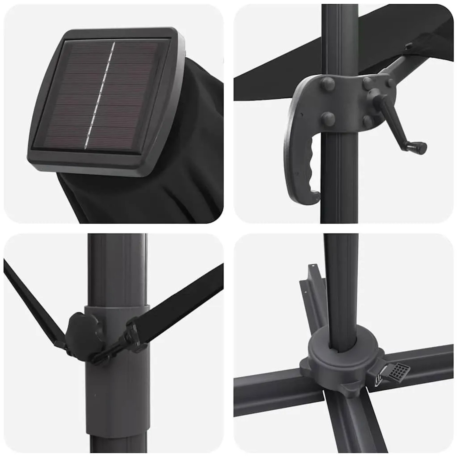 Details des schwarzen vidaXL Ampelschirm Roma: Solarpanel, Kurbel, Befestigung, Standfuß.