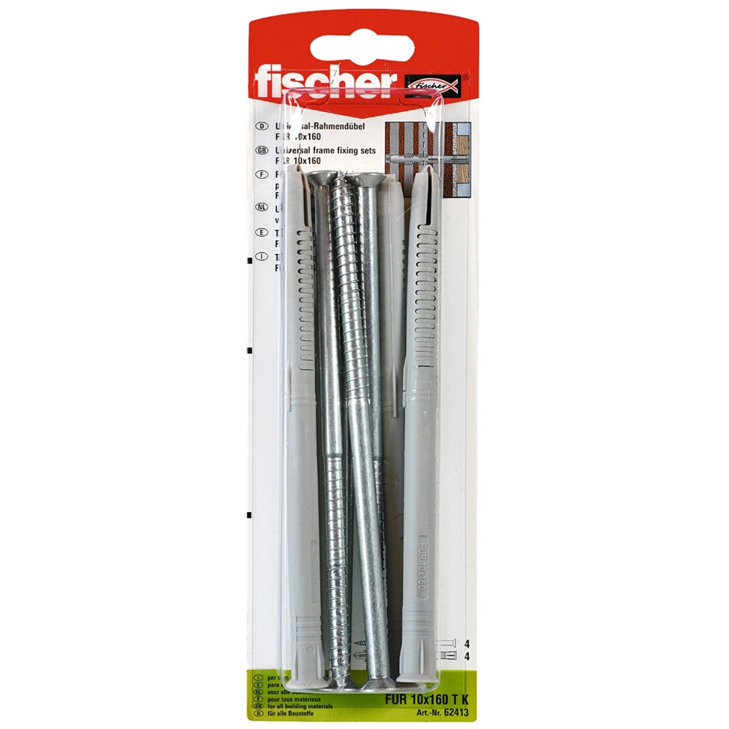 Fischer Universalrahmendübel FUR 10 x 160 T K mit Schraube, 4 Stück, geeignet für Voll- und Lochbaustoffe.