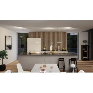 Paulmann URail Einspeisungskabel, 1 m, Signalweiß, Teil eines LED-Schienensystems in einer modernen Küche.