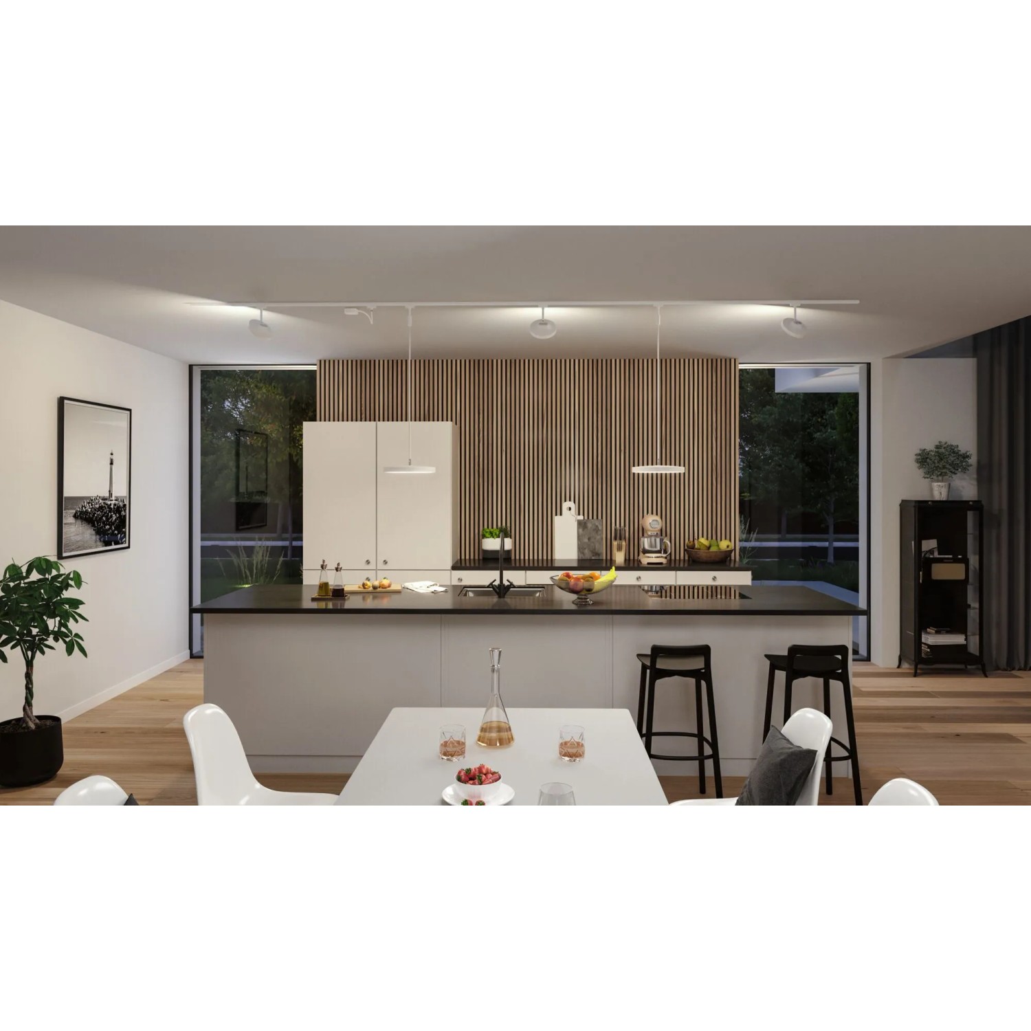 Paulmann URail Einspeisungskabel, 1 m, Signalweiß, Teil eines LED-Schienensystems in einer modernen Küche.