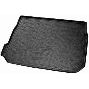 Schwarze Gummi Kofferraumwanne für Peugeot 2008 I (2013-2019), passgenau mit Rand.