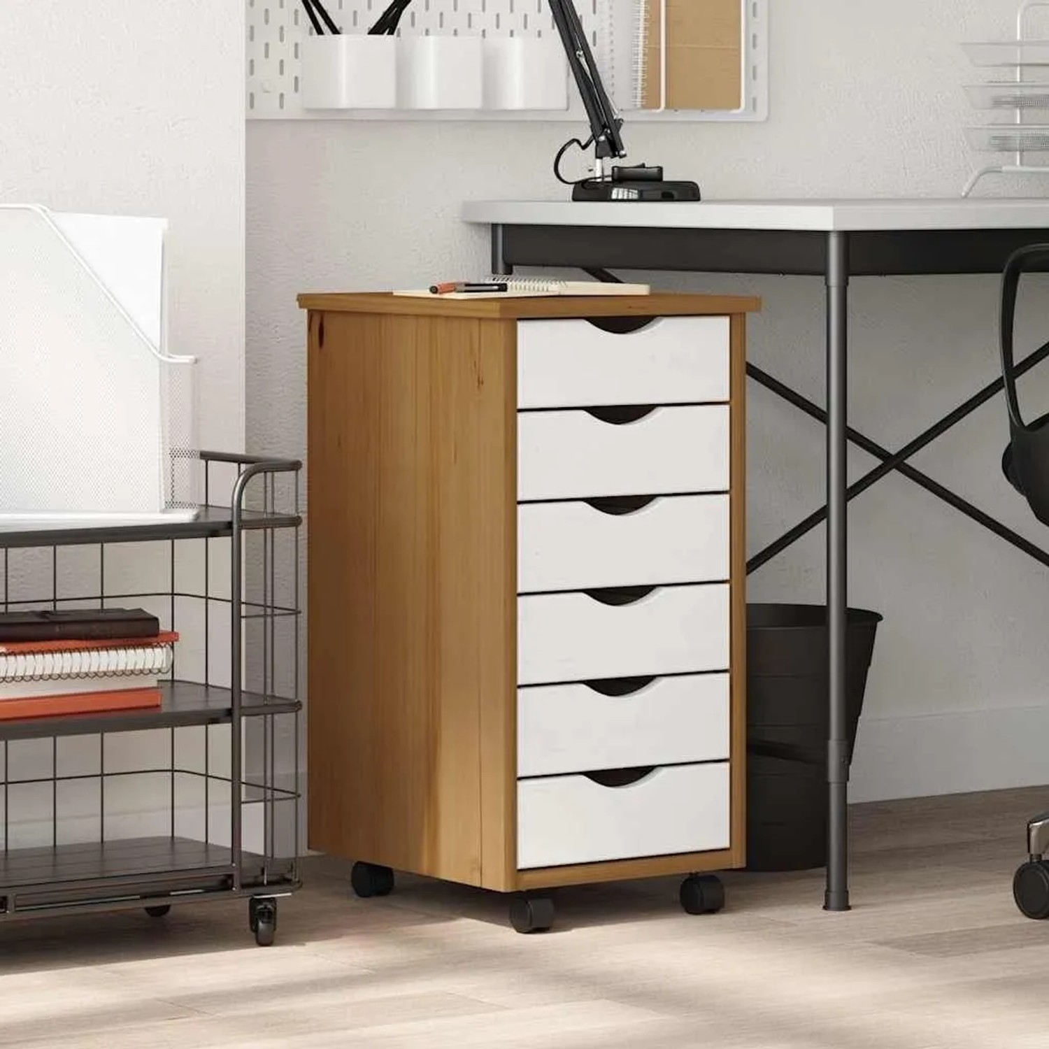 vidaXL Rollschrank Honigbraun mit 6 Schubladen, Kiefer Massivholz. Wohnzimmerschrank für Büro.