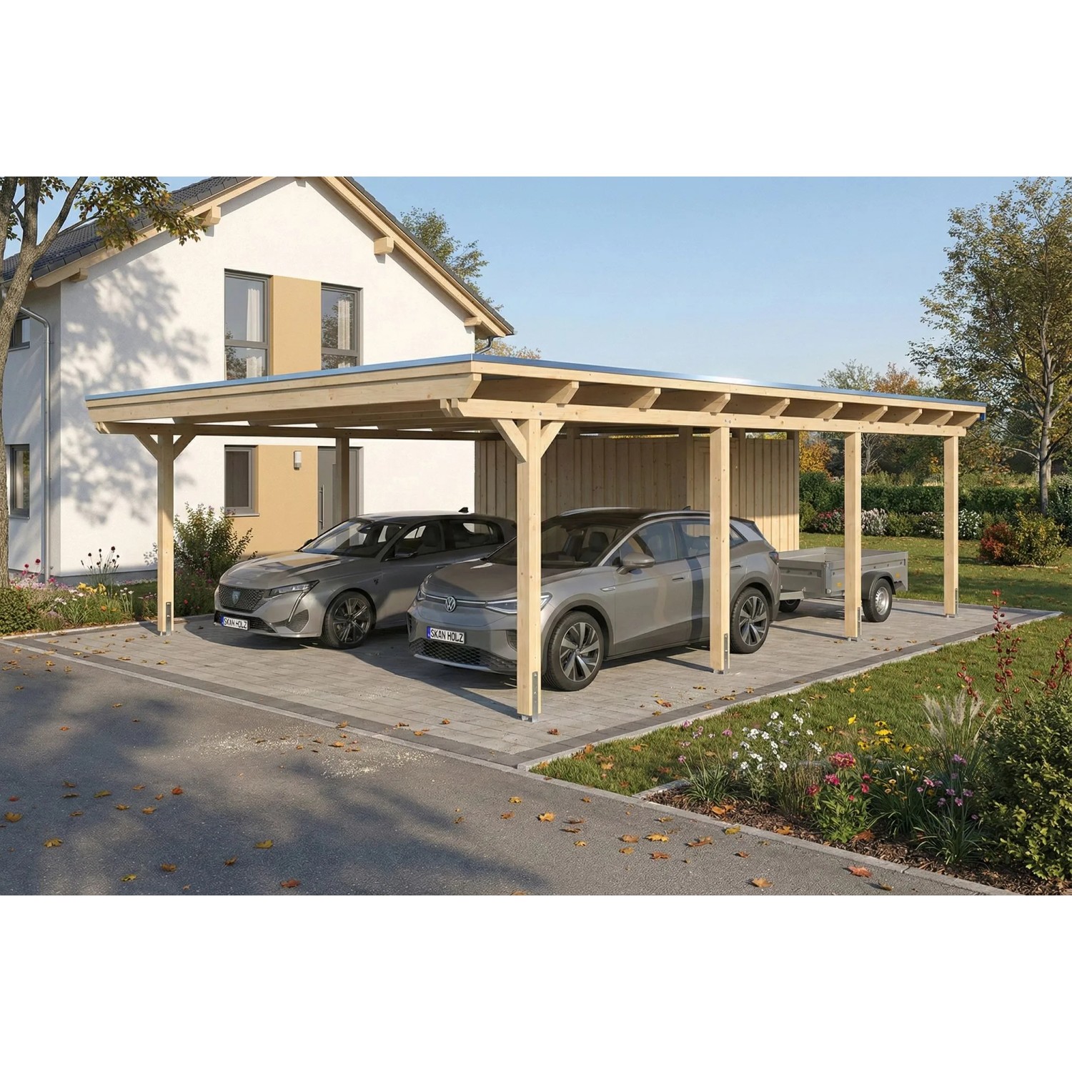 Skan Holz Carport Emsland aus Naturholz mit Flachdach und Abstellraum. Bietet Platz für zwei Fahrzeuge.