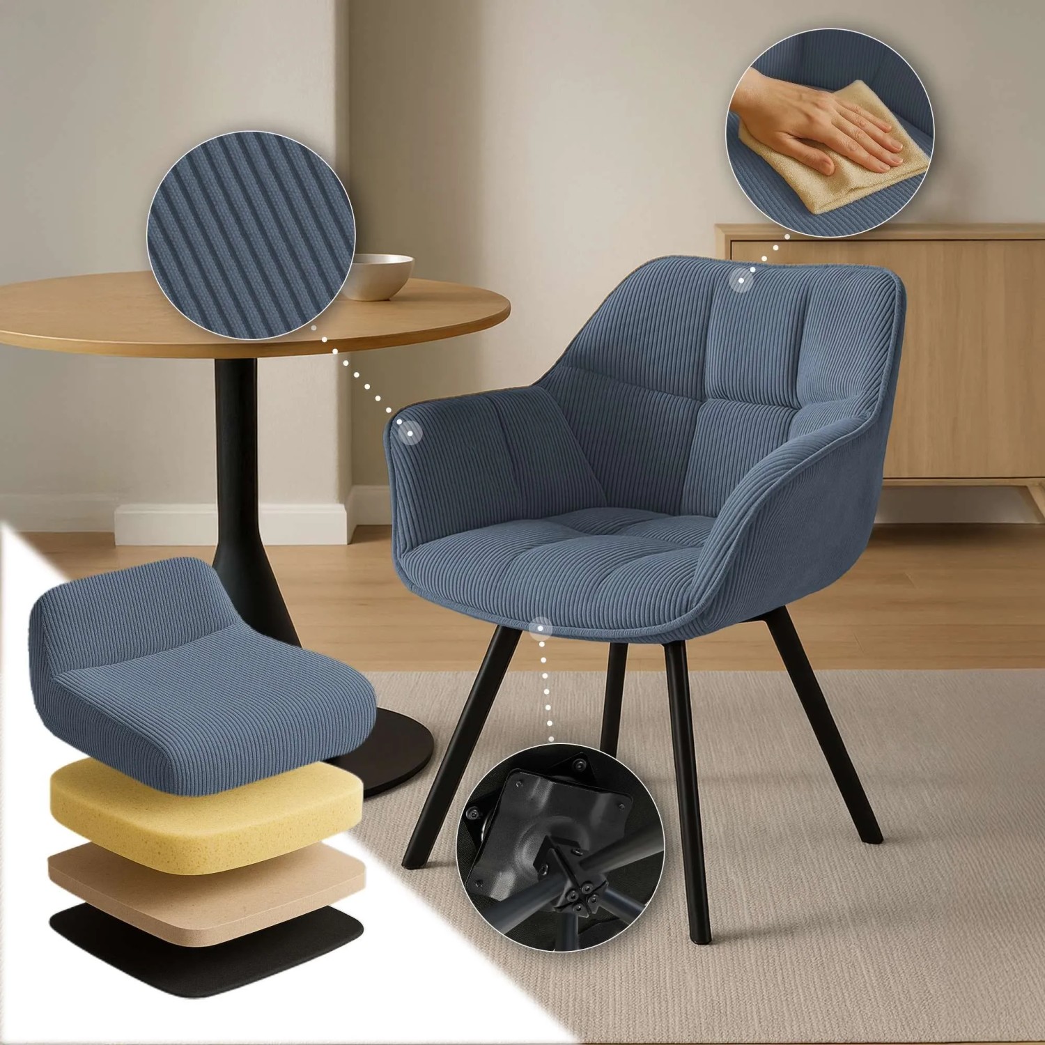 DELUKE Esszimmerstuhl MATOR Cord Blau 60x59x81cm Essstühle Esszimmerstühle Küchenstühle Wohnzimmerstühle