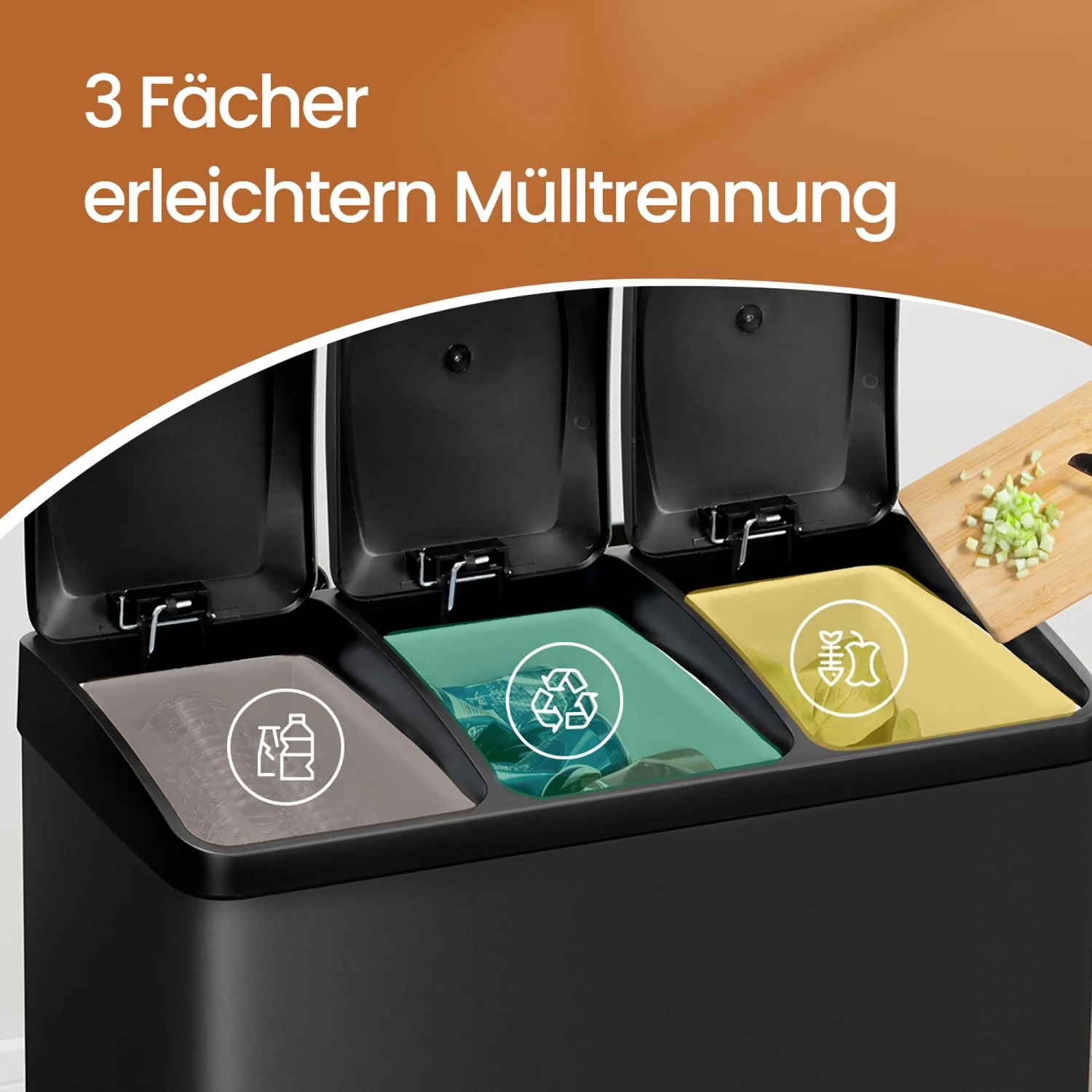Songmics Mülleimer Petaja mit 3 Fächern (je 15 l) in Schwarz zur einfachen Mülltrennung.