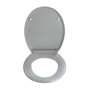 Grauer Wenko WC-Sitz Ottana aus Duroplast mit Edelstahl-Befestigung, geöffnet.