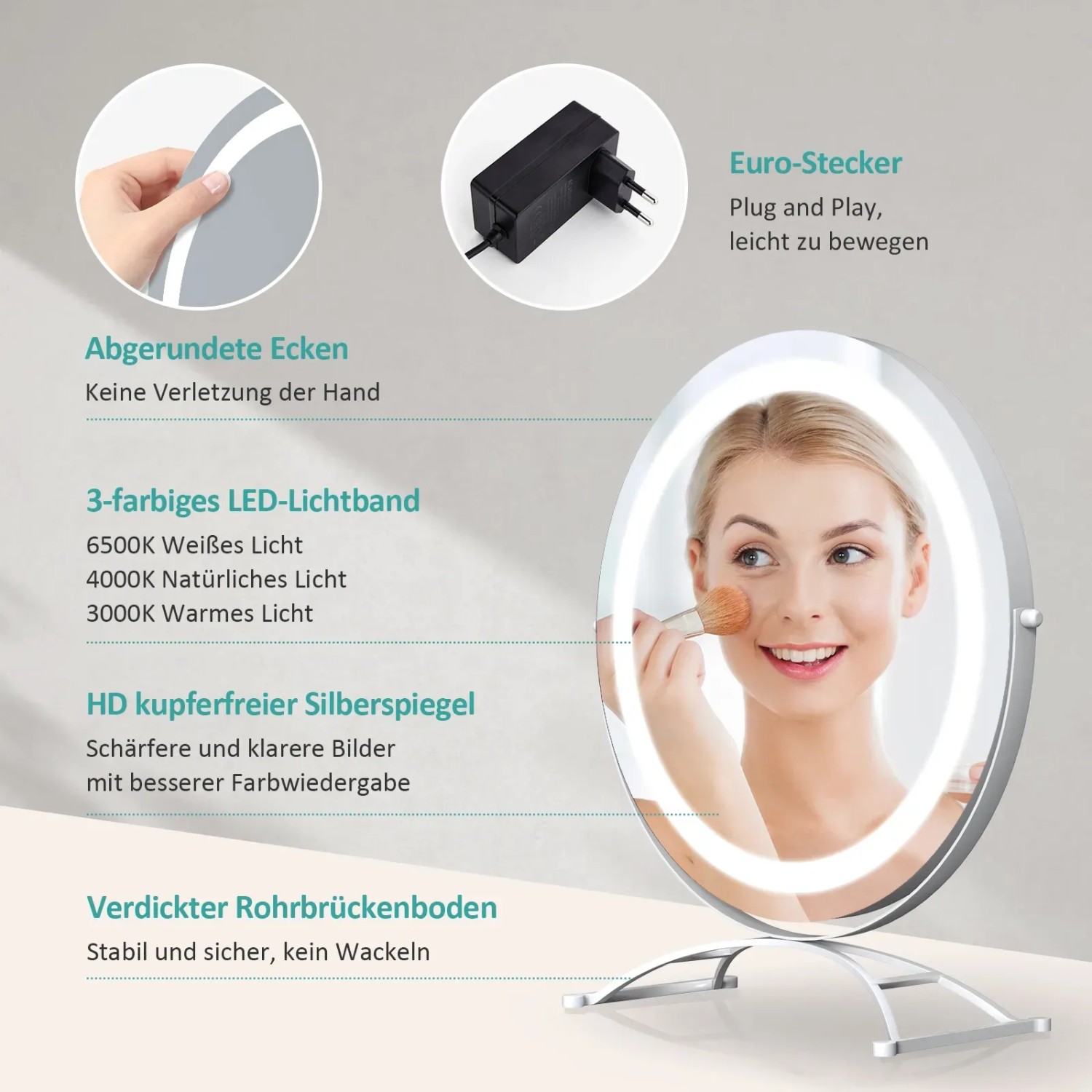 Runder, dimmbarer Emke Kosmetikspiegel mit LED-Beleuchtung und 3 Farbtemperaturen, 40 cm.