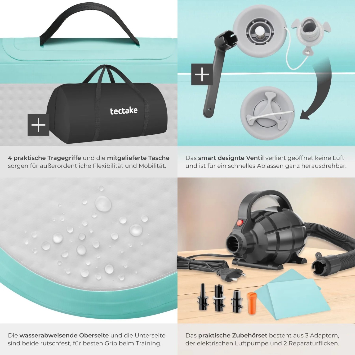 Tectake Airtrack Trainingsmatte mit Zubehör: Luftpumpe, Tasche und Reparaturset.