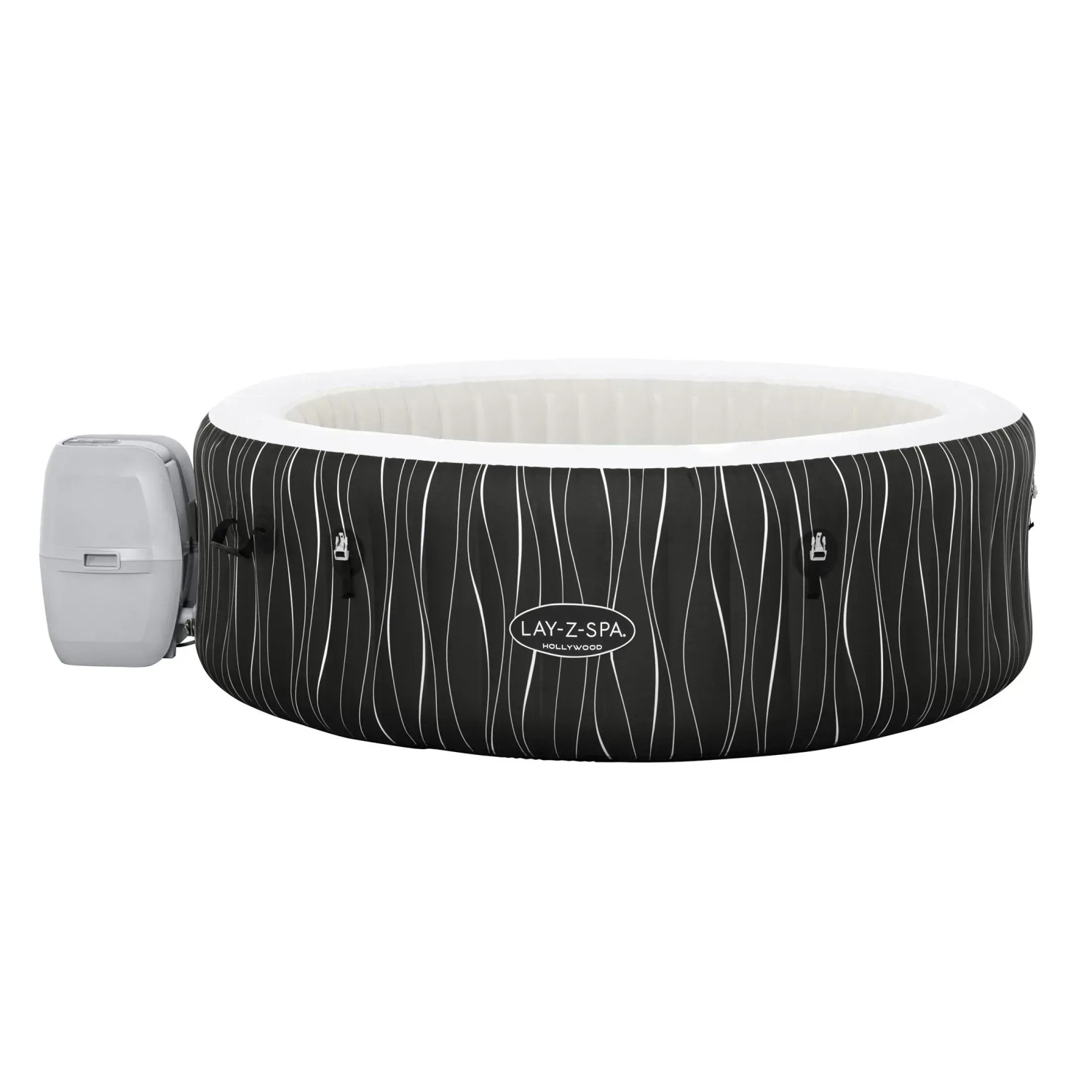 Bestway Lay-Z-Spa Hollywood AirJet, aufblasbarer Whirlpool in Schwarz-Weiß mit Pumpe.