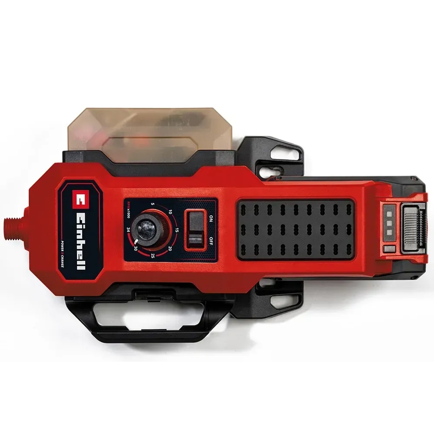 Einhell Akku-Schleif-/Gravur-Werkzeug TE-MT 18/34 Li-Solo, rotes Gehäuse mit Bedienelementen.