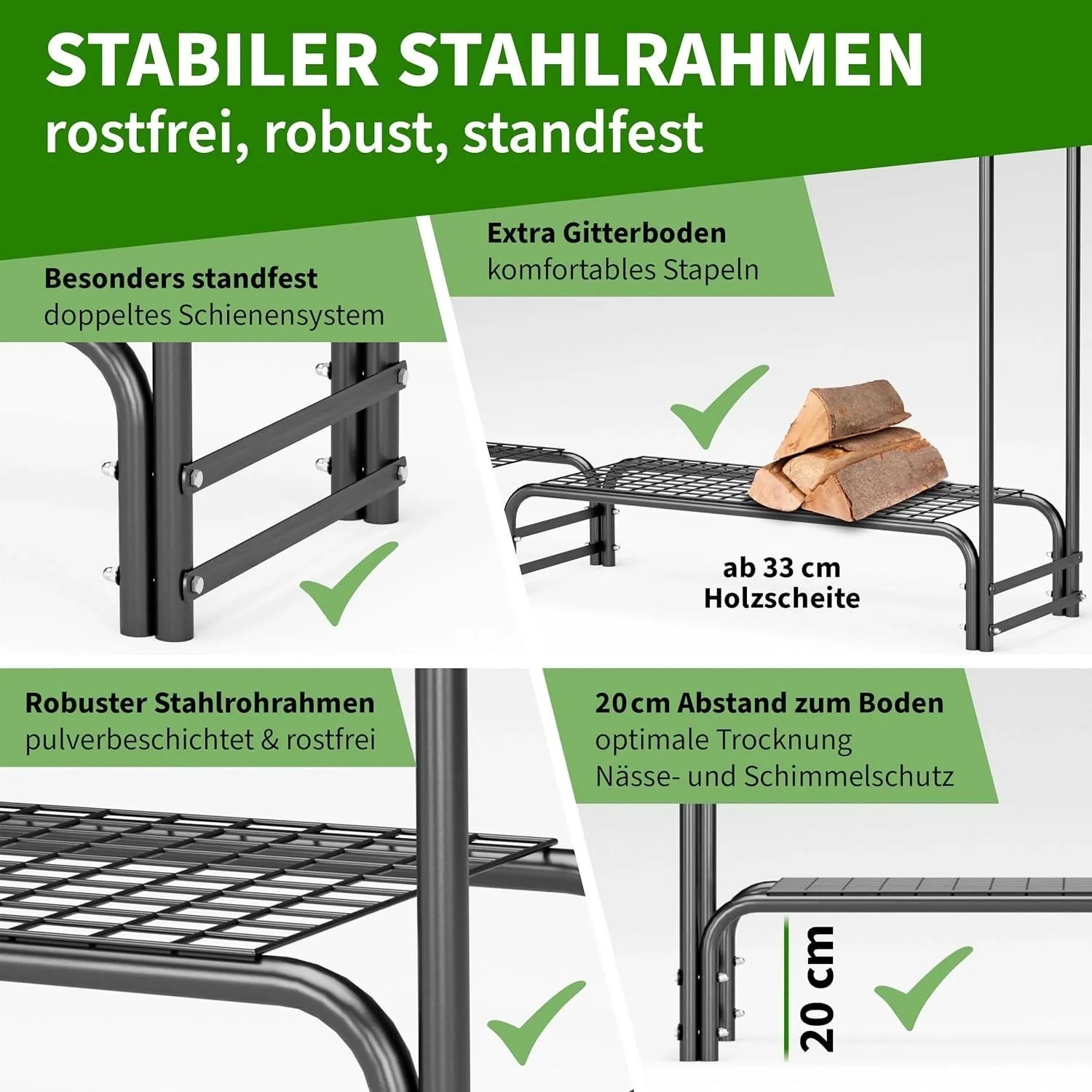 Detailaufnahme Kaminholzregal mit Stahlrahmen, Gitterboden und Holzscheiten. Zubehör für Kamine & Öfen.