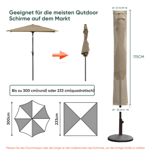 Sekey Schutzhülle für 300 cm Sonnenschirme aus Oxford-Gewebe, Maße und Details im Bild.