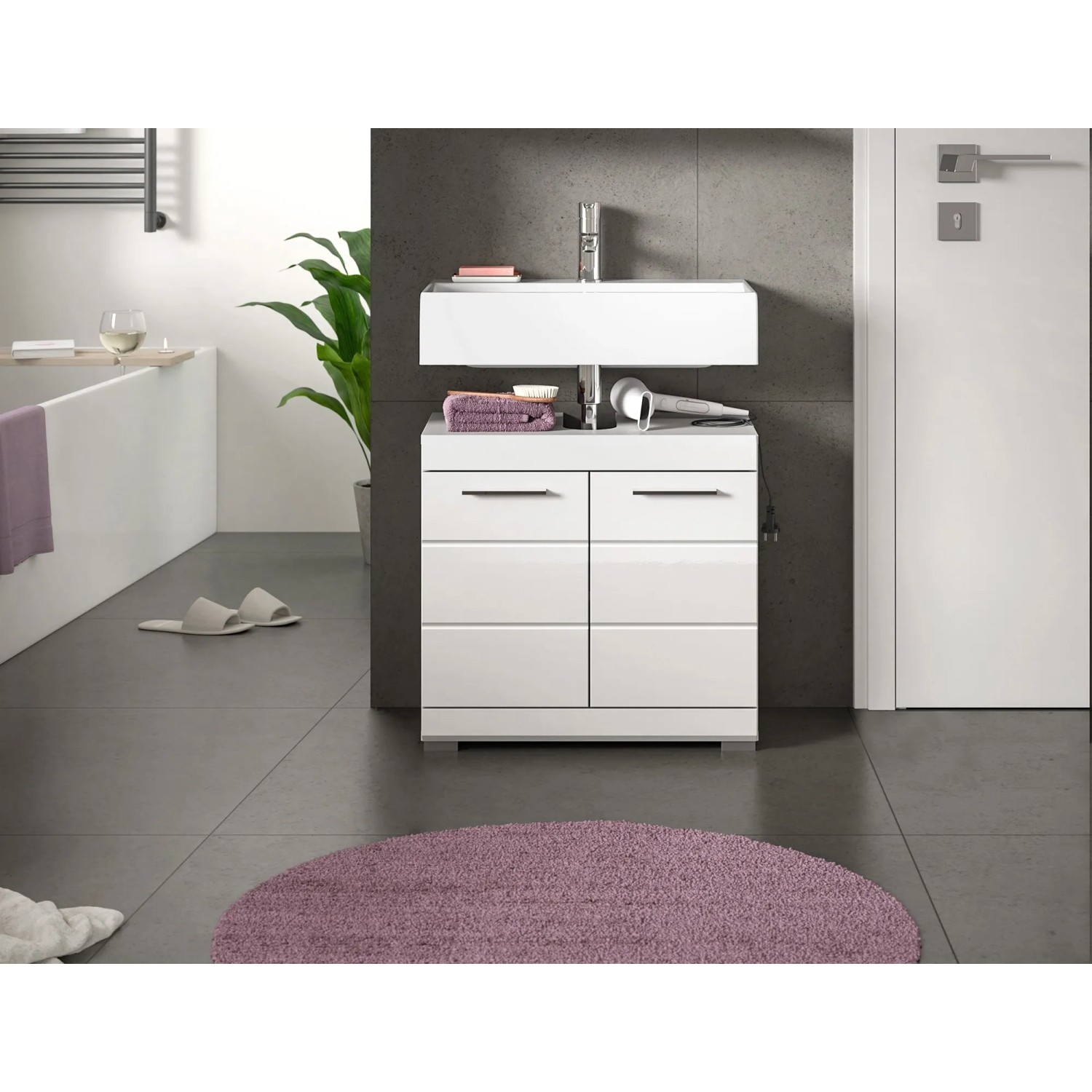Waschbeckenunterschrank, 60cm, Weiß Hochglanz, mit Türen für Bad & WC.