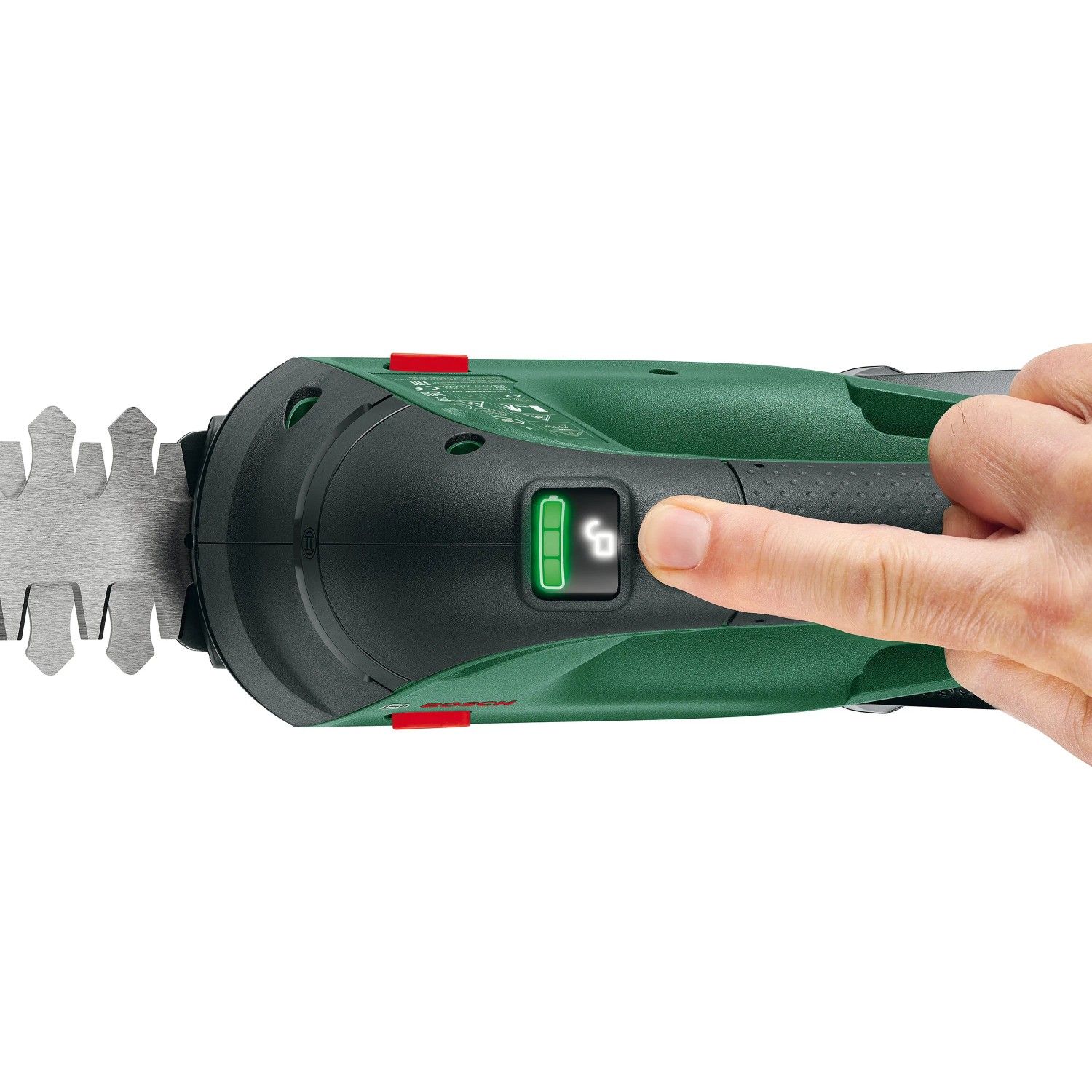 Bosch AdvancedShear 18V-10 Akku Gras- und Strauchschere mit Hand am Schalter und Akkuanzeige.