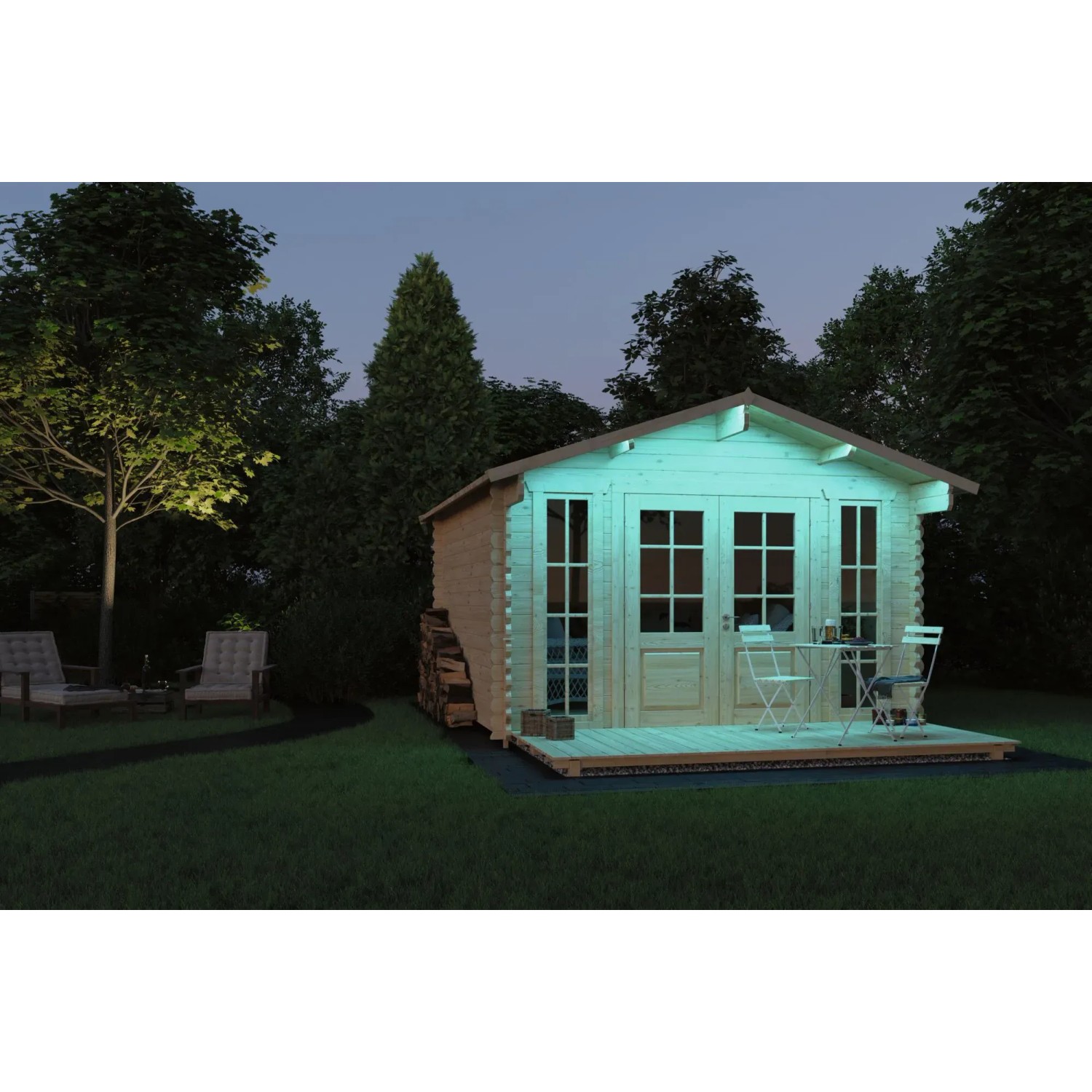 Beleuchtetes Gartenhaus mit Paulmann SimpLED RGB LED Streifen, 5m, transparent, für stimmungsvolle Außenbeleuchtung.