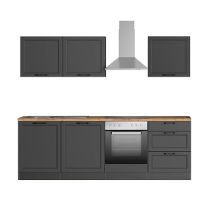 Küchenzeile Kempten 240 cm in Graphit/Grau mit E-Geräten und Dunstabzugshaube.