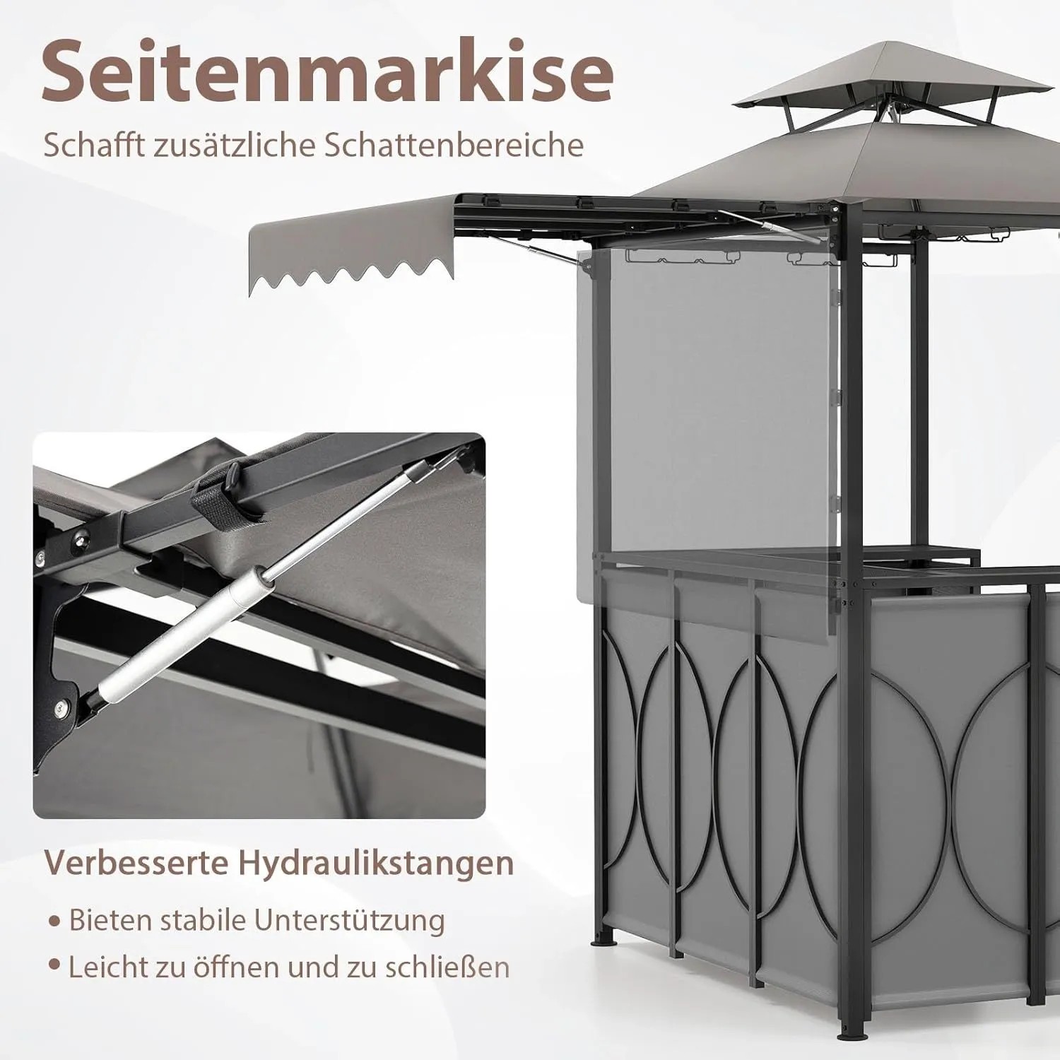 Grauer Costway Grillpavillon mit Bar, Doppeldach und Markise. Inklusive 2 Barhockern.