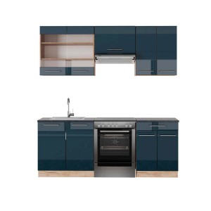 Vicco Fame-Line Küchenschränke in Dunkelblau Hochglanz/Goldkraft Eiche mit anthrazitfarbener Arbeitsplatte.