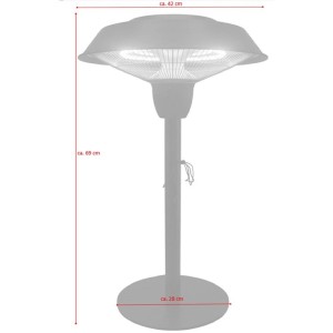 Elektrischer Terrassenheizer Pollux in Tischlampenform, 69 cm hoch, ideal für Terrasse und Balkon.