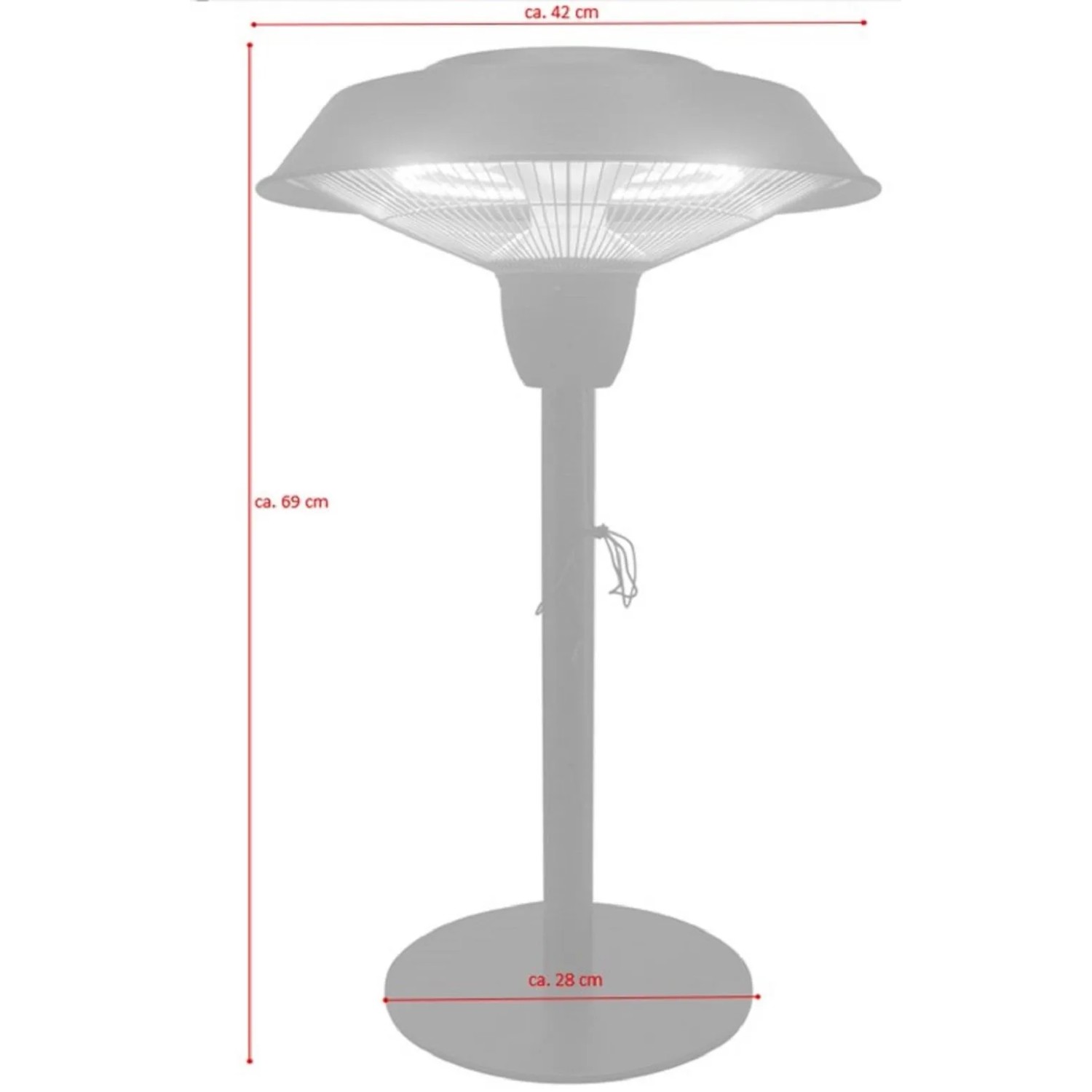 Elektrischer Terrassenheizer Pollux in Tischlampenform, 69 cm hoch, ideal für Terrasse und Balkon.