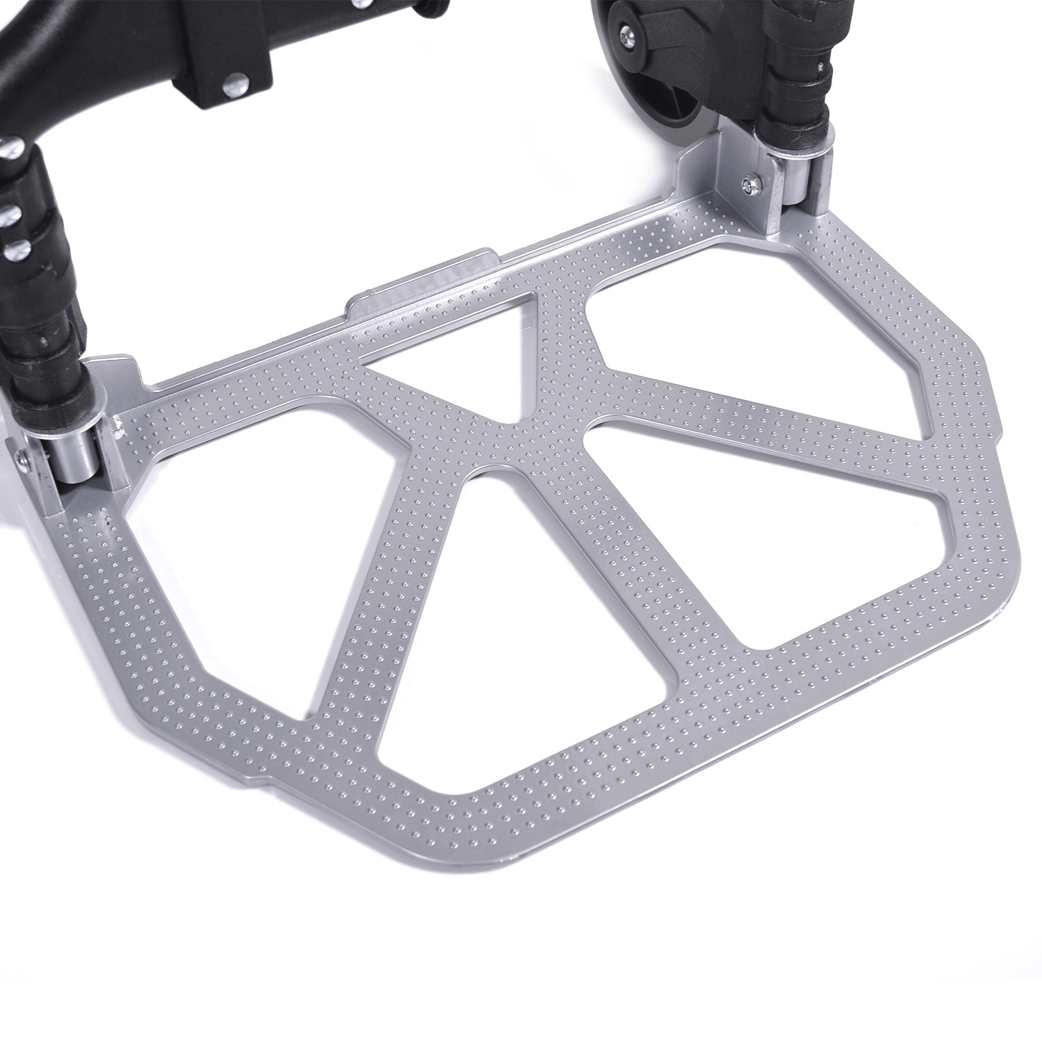 Detailaufnahme der silbernen, genoppten Fußplatte einer klappbaren Tronitechnik Sackkarre.