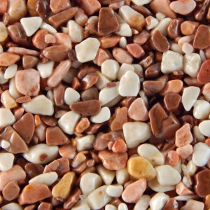 Glänzender Terralith Marmor Steinteppich Mix Firenze. Gerundete Natursteine in Hellrot, Braun, Weiß, 4-6 mm Körnung.