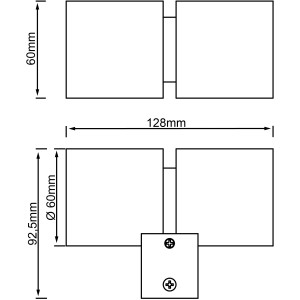 Skizze der 2-flammigen LED-Wandleuchte Izon von Brilliant aus Aluminium mit Maßangaben.