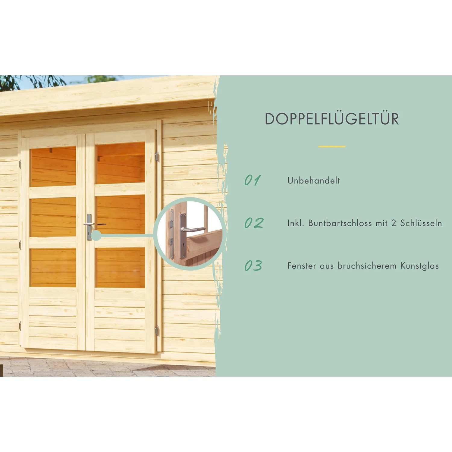 Detailansicht: Doppeltür mit Fenstern aus Kunstglas für Karibu Holz-Gartenhaus, unbehandelt.