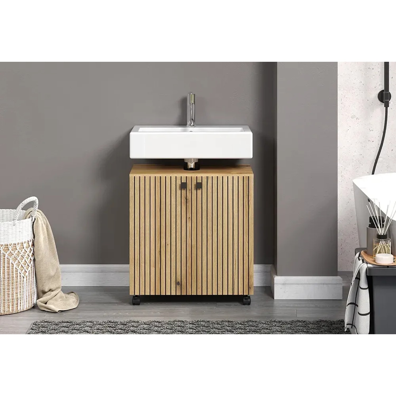Trendteam Waschbeckenunterschrank Pure Bliss in Artisan Eiche mit Rollen, 60 cm breit.