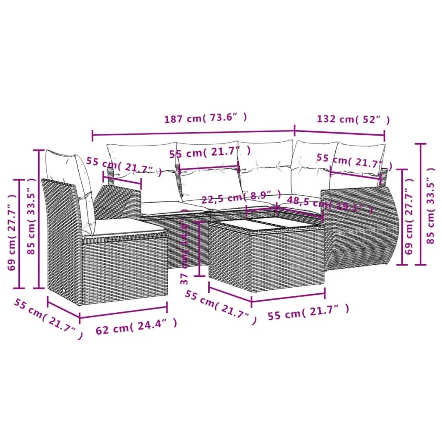 vidaXL 6-tlg. Garten-Sofagarnitur aus schwarzem Rattan mit Kissen und Tisch. Gartenmöbel für Terrasse und Balkon.