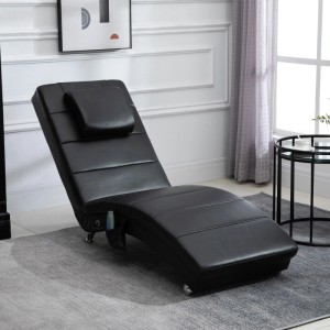Schwarze HOMCOM Relaxliege mit Massagefunktion, hoher Rückenlehne und Fernbedienung auf grauem Teppich.