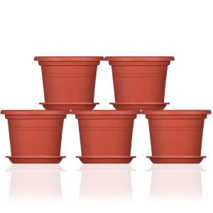 BigDean 5X Blumentopf Ø 40 cm Farbe Terrakotta & Untersetzer Kunststoff Pflanztopf Containertopf Übertopf Pflanzkübel rund 40 x 28 cm Blumentöpfe