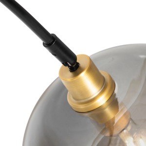 Detailaufnahme: QAZQA Bogenlampe Zuzanna, schwarz/gold, Rauchglas. Innenleuchte mit E27 Fassung.