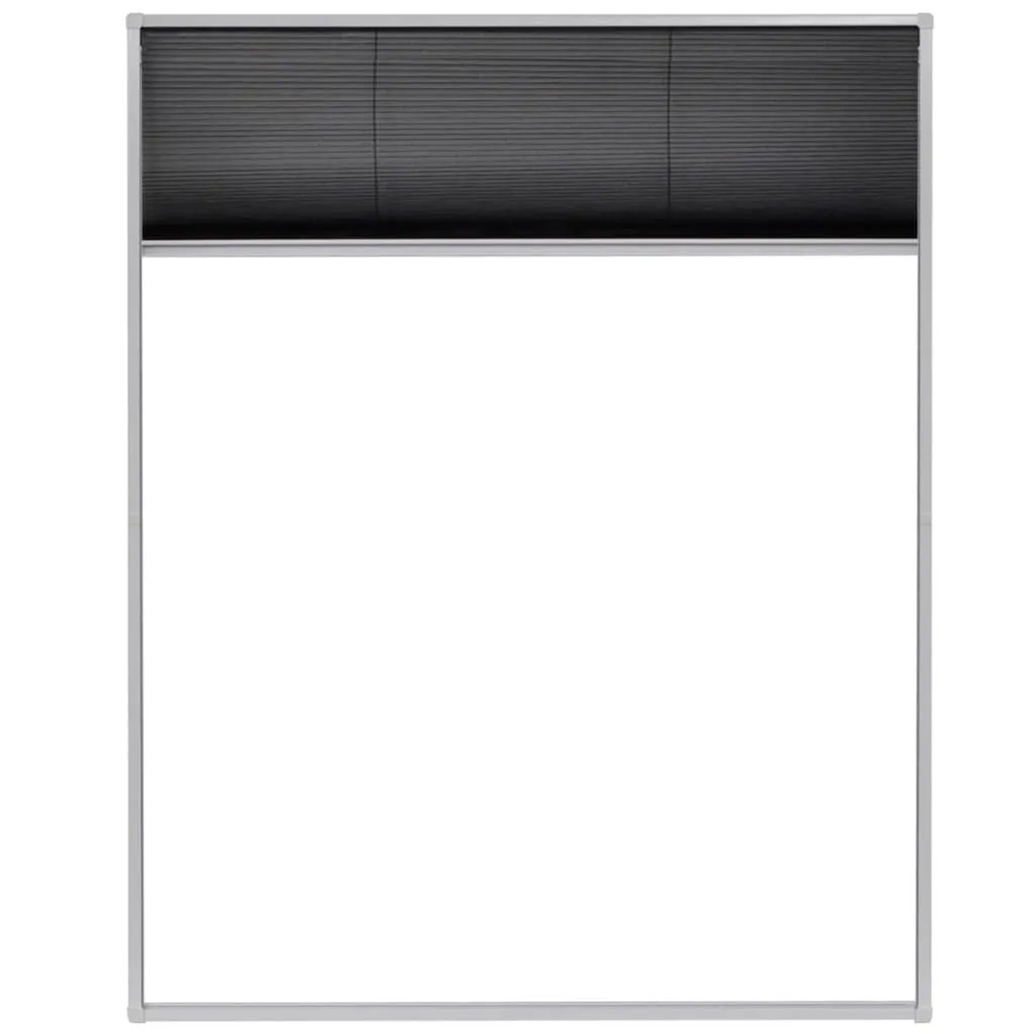 Weißes Aluminium Insektenschutz-Plissee für Fenster, 80x100 cm, mit schwarzem Fiberglasnetz, teilweise geöffnet.