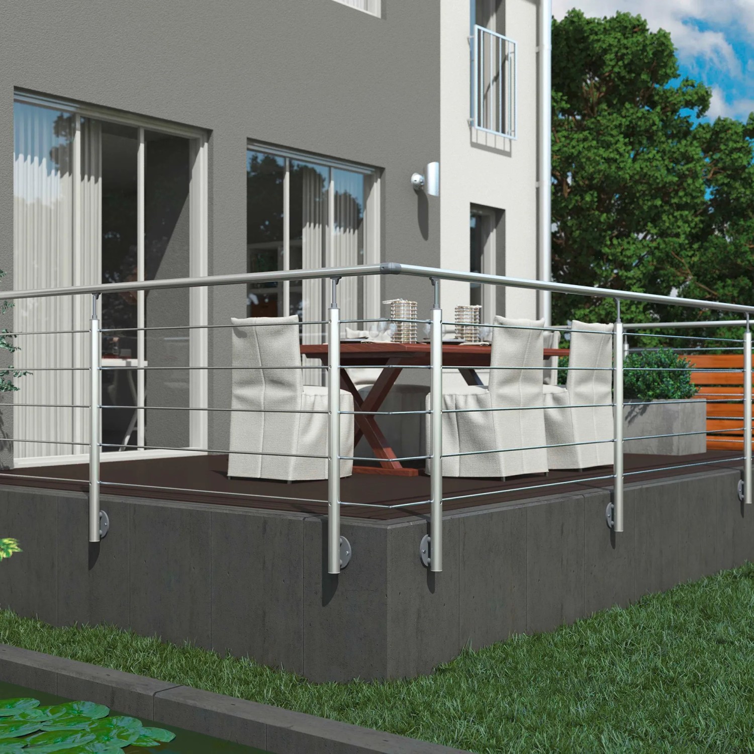 Dolle Geländer-Komplettset 150cm aus Aluminium zur Wandmontage auf einer Terrasse.