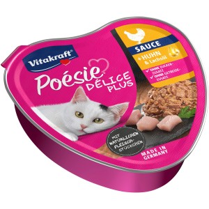 Vitakraft Poesie Delice Plus Katzen-Nassfutter Huhn & Lachsöl, 85g Schale.