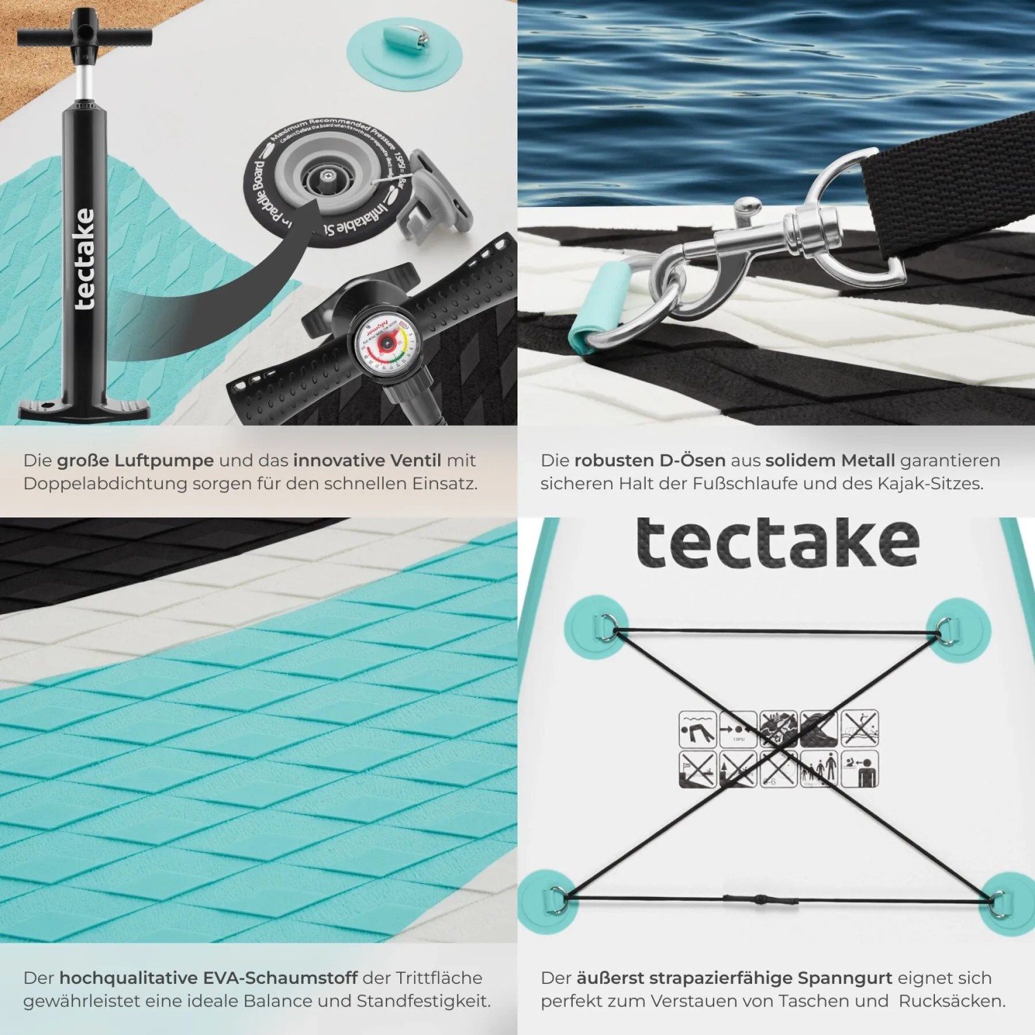 Tectake SUP Board Details: Pumpe, Ventil, D-Ösen, rutschfeste EVA-Oberfläche und Spanngurt für Wassersport.